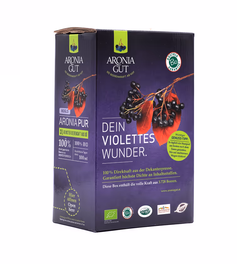 Mehrere Stückanzahl von Bio Aronia PUR Direktsaft Vorteilpaket: 4 x 3 L – Bild 1